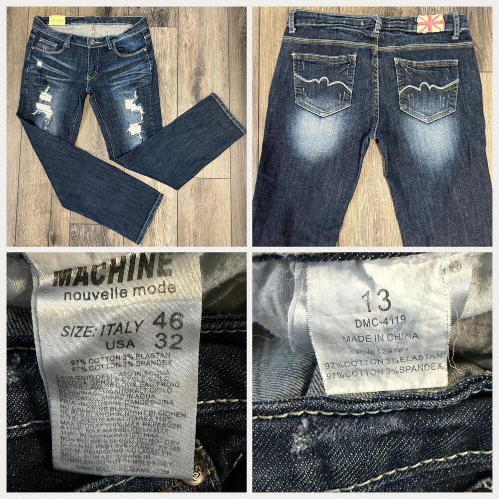 Machine Nouvelle Mode Distressed Jeans Size 32 Blue Denim Straight Leg - Picture 6 of 13